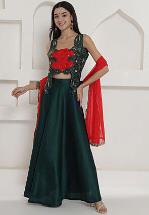 Embroidered Taffeta Silk Crop Top Set in Red and Green