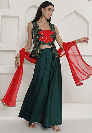 Embroidered Taffeta Silk Crop Top Set in Red and Green