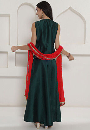 Embroidered Taffeta Silk Crop Top Set in Red and Green