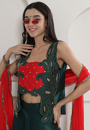 Embroidered Taffeta Silk Crop Top Set in Red and Green