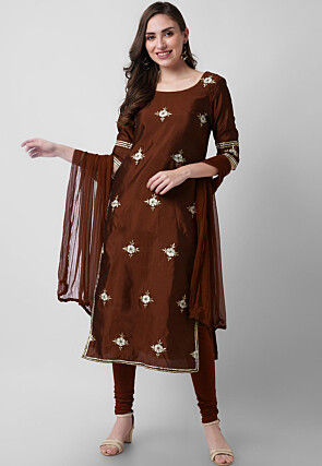 Embroidered Taffeta Silk Straight Suit in Brown