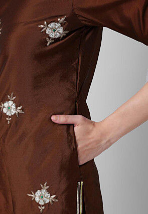 Embroidered Taffeta Silk Straight Suit in Brown