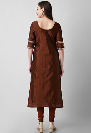 Embroidered Taffeta Silk Straight Suit in Brown