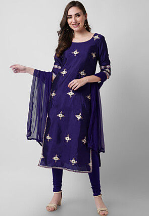 Embroidered Taffeta Silk Straight Suit in Navy Blue