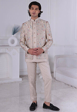 Embroidered Terry Rayon Bandhgala in Beige