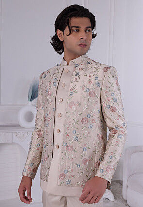 Embroidered Terry Rayon Bandhgala in Beige