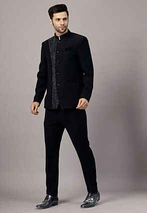 Embroidered Terry Rayon Jodhpuri Suit in Black