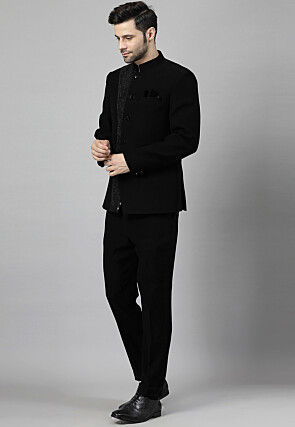 Embroidered Terry Rayon Jodhpuri Suit in Black
