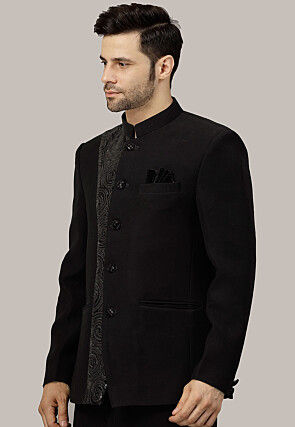 Embroidered Terry Rayon Jodhpuri Suit in Black