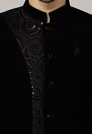 Embroidered Terry Rayon Jodhpuri Suit in Black