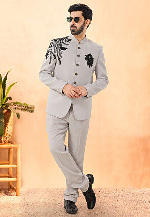 Embroidered Terry Rayon Jodhpuri Suit in Grey