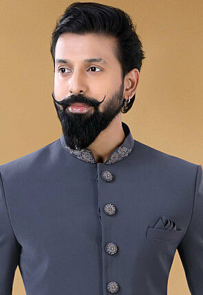 Embroidered Terry Rayon Jodhpuri Suit in Grey