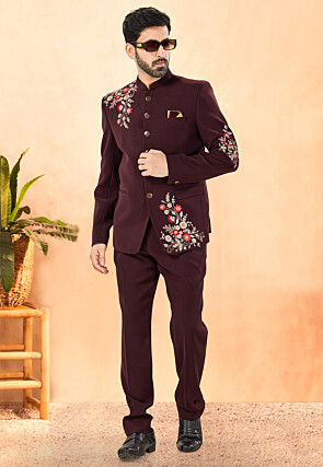 Embroidered Terry Rayon Jodhpuri Suit in Maroon