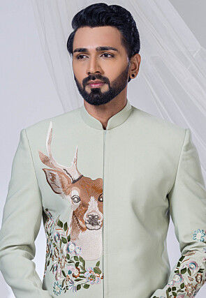 Embroidered Terry Rayon Jodhpuri Suit in Pastel Green