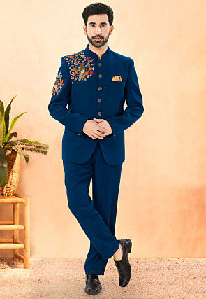 Embroidered Terry Rayon Jodhpuri Suit in Teal Blue