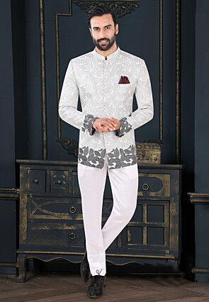 Embroidered Terry Rayon Jodhpuri Suit in White