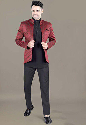 Embroidered Terry Rayon Jodhpuri Jacket in Maroon