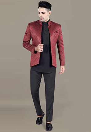 Embroidered Terry Rayon Jodhpuri Jacket in Maroon