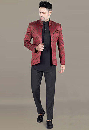 Embroidered Terry Rayon Jodhpuri Suit in Maroon