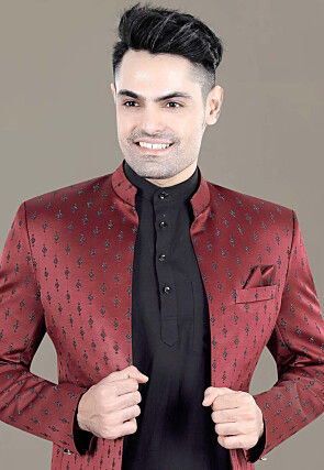 Embroidered Terry Rayon Jodhpuri Suit in Maroon