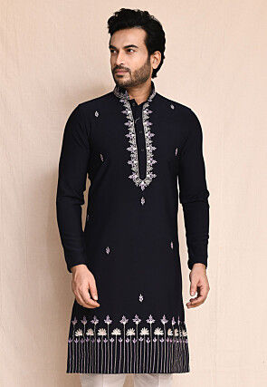 Embroidered Terry Rayon Kurta in Black