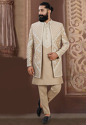 Embroidered Terry Rayon Kurta Set in Beige
