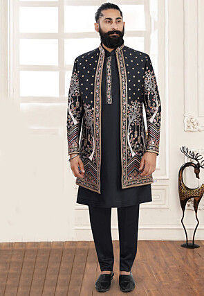Embroidered Terry Rayon Kurta Set in Black