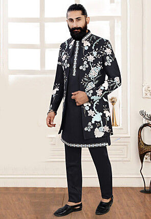 Embroidered Terry Rayon Kurta Set in Black