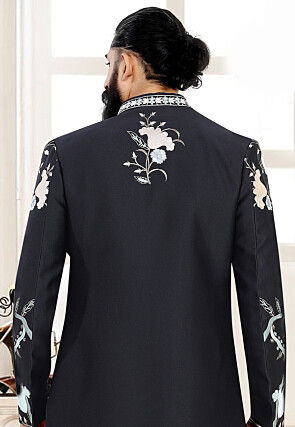 Embroidered Terry Rayon Kurta Set in Black