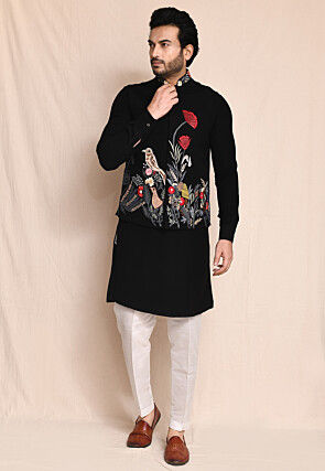 Embroidered Terry Rayon Kurta Set in Black