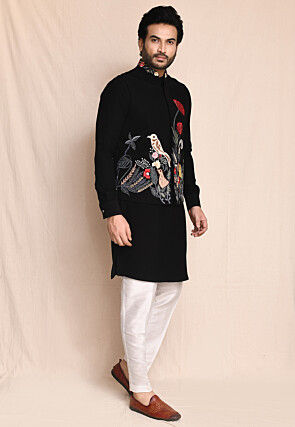 Embroidered Terry Rayon Kurta Set in Black