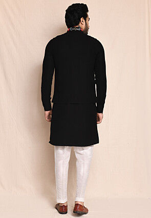 Embroidered Terry Rayon Kurta Set in Black
