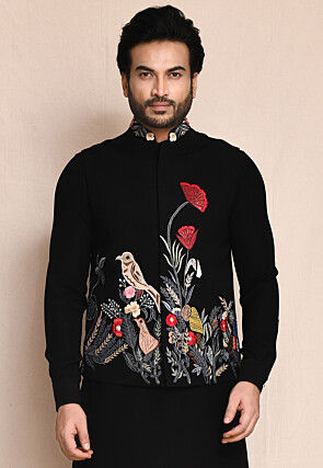 Embroidered Terry Rayon Kurta Set in Black