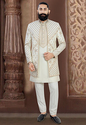 Embroidered Terry Rayon Kurta Set in Cream