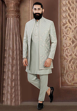 Embroidered Terry Rayon Kurta Set in Dusty Green