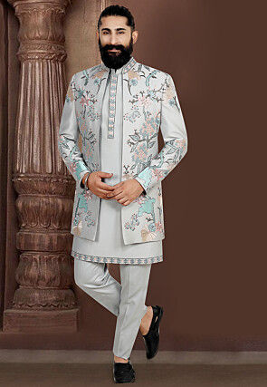 Embroidered Terry Rayon Kurta Set in Light Grey