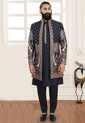 Embroidered Terry Rayon Kurta Set in Navy Blue