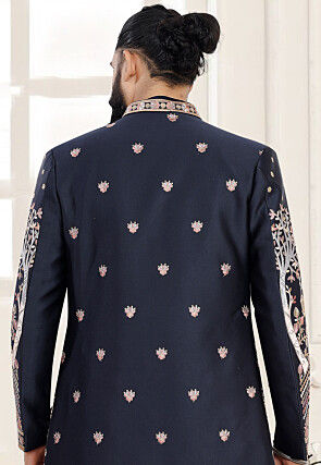 Embroidered Terry Rayon Kurta Set in Navy Blue