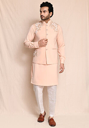 Embroidered Terry Rayon Kurta Set in Peach