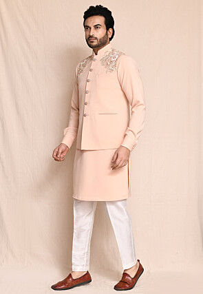 Embroidered Terry Rayon Kurta Set in Peach