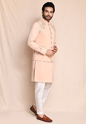 Embroidered Terry Rayon Kurta Set in Peach