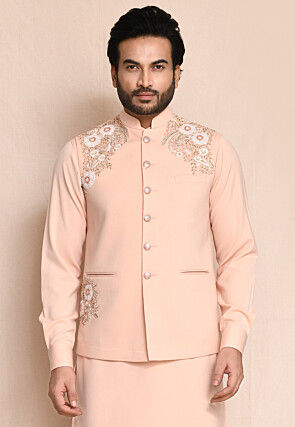 Embroidered Terry Rayon Kurta Set in Peach