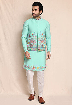 Embroidered Terry Rayon Kurta Set in Sea Green