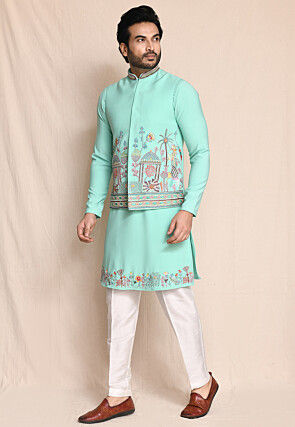 Embroidered Terry Rayon Kurta Set in Sea Green