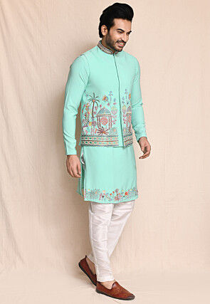 Embroidered Terry Rayon Kurta Set in Sea Green