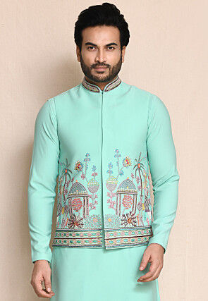 Embroidered Terry Rayon Kurta Set in Sea Green