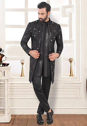 Embroidered Terry Rayon Sherwani in Black