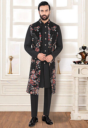 Embroidered Terry Rayon Sherwani in Black