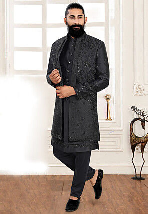 Embroidered Terry Rayon Sherwani in Black