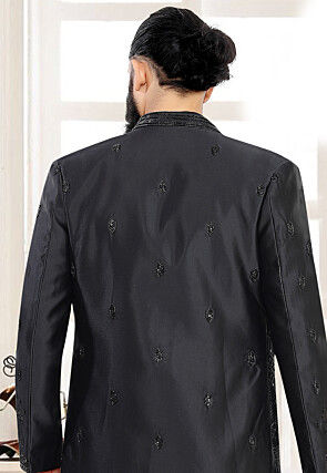 Embroidered Terry Rayon Sherwani in Black